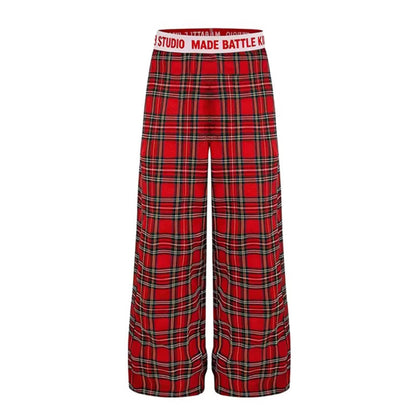 DARKAGE Plaid Wide-Leg Pants with Lettering Waistband