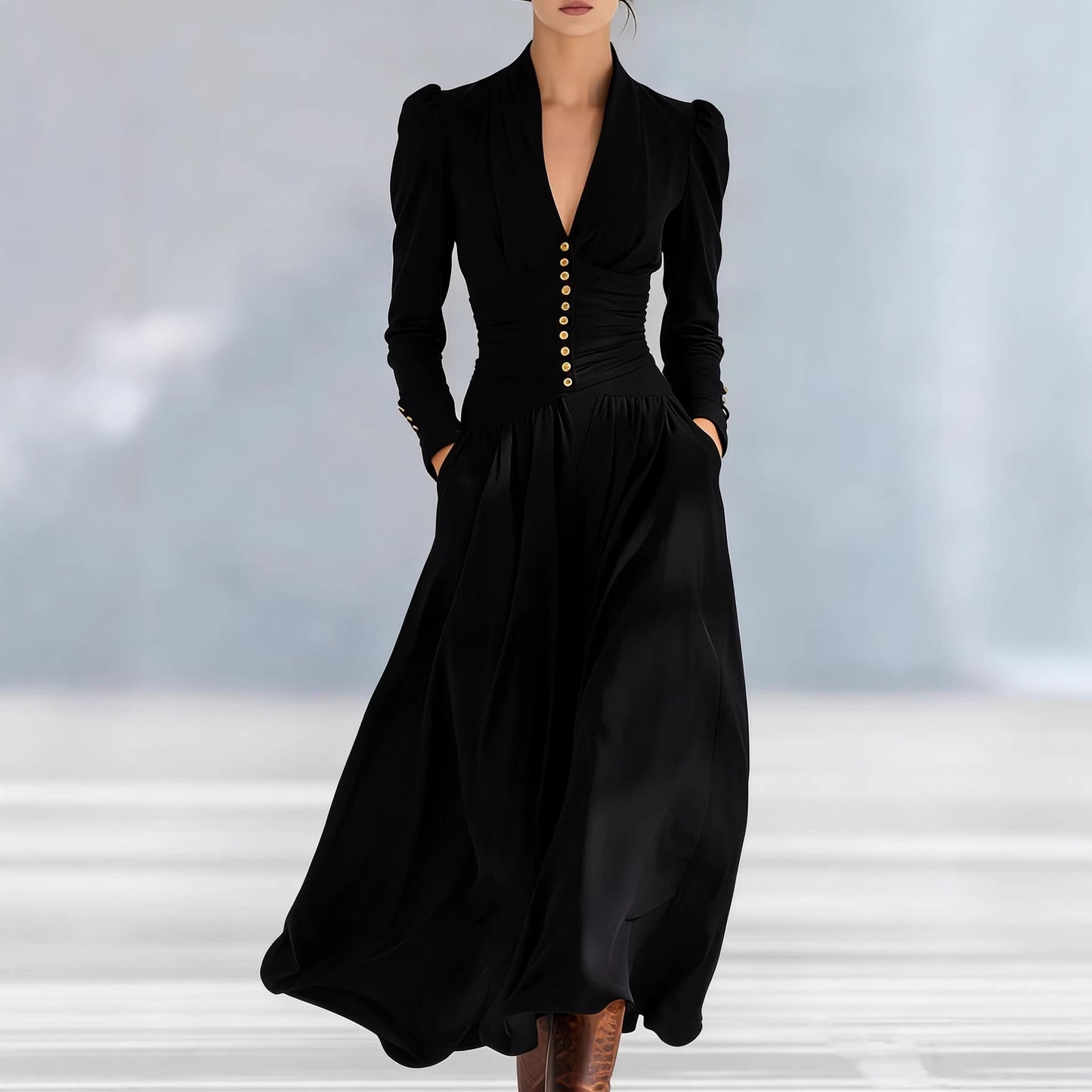 Women's V-Neck Bubble Sleeve Long Sleeve Big Swing Maxi Dress Elegant Waist Fall Winter Casual Dress Plus Size - Seldom Seen Styles