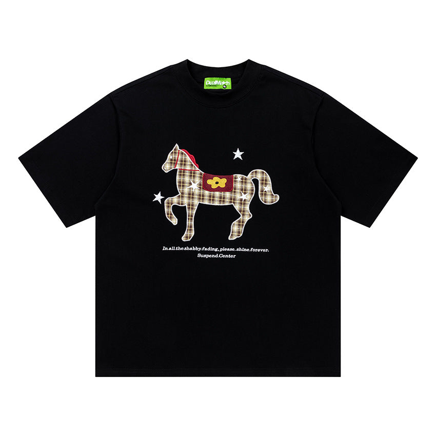 Plaid Horse Graphic Oversized T-Shirt Short Sleeve Crew Neck Casual Summer Streetwear Tee | Plaid Horse Tee