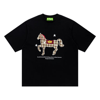 Plaid Horse Graphic Oversized T-Shirt Short Sleeve Crew Neck Casual Summer Streetwear Tee | Plaid Horse Tee