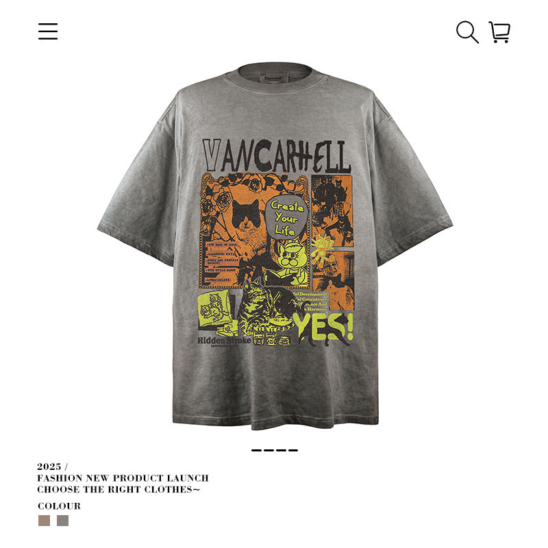 VANCARHELL "Create Your Life" Cat Collage Wash Tee