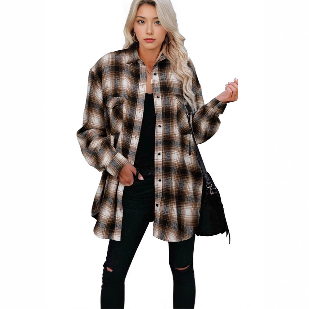 Women's Plaid Button Down Shirt Oversized Long Sleeve Flannel Shirt Jacket Casual Longline Shacket Coat