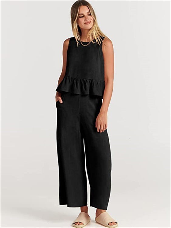 Women's Sleeveless Two Piece Pants Set Casual Ruffle Hem Top and Wide Leg Cropped Pants Matching Summer Outfit - Seldom Seen Styles