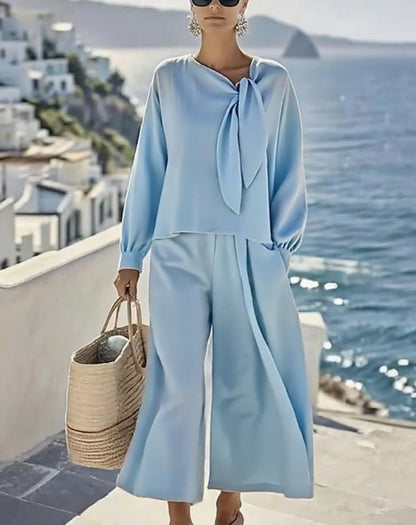 Women's Solid Color Long Sleeve Top Trousers Two Piece Set Fall Casual Chic Outfit Plus Size