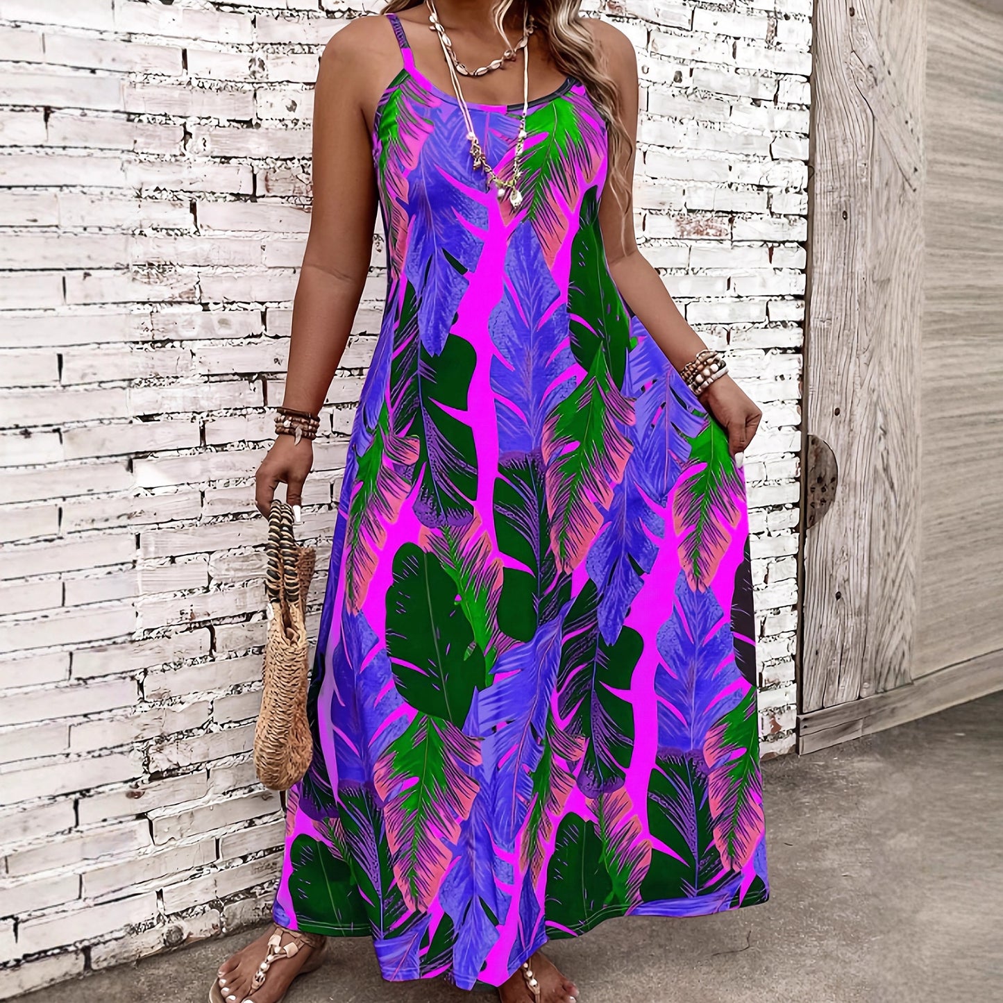 Women's Tropical Leaf Print Maxi Dress Sleeveless Spaghetti Strap Summer Beach Dress Casual Vacation Sundress