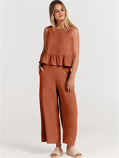 Women's Sleeveless Two Piece Pants Set Casual Ruffle Hem Top and Wide Leg Cropped Pants Matching Summer Outfit