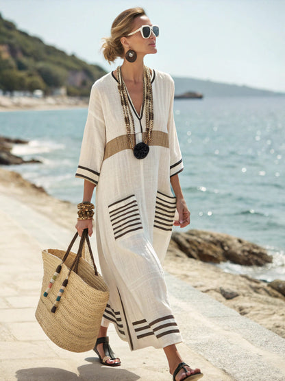 Women's Boho Linen Maxi Dress Oversized Kaftan Beach Cover Up Vacation Resort Dress