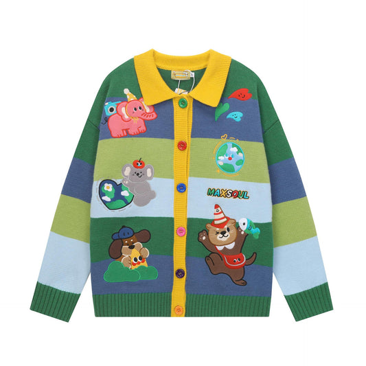 Cartoon Embroidery Colorful Striped Knit Cardigan Loose Fit Couple Casual Japanese Style Sweater Jacket | Stripe Toon Cardigan