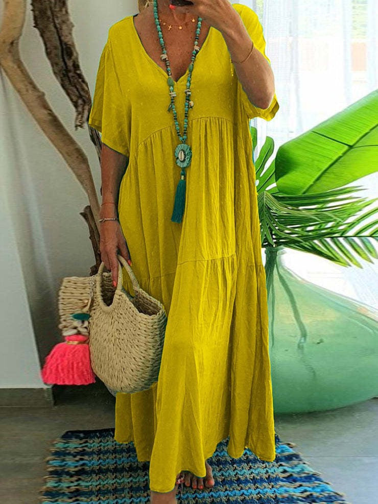 Women's Solid Color Loose V-Neck Short Sleeve Big Swing Maxi Dress Summer Casual Vacation Outfit Plus Size - Seldom Seen Styles