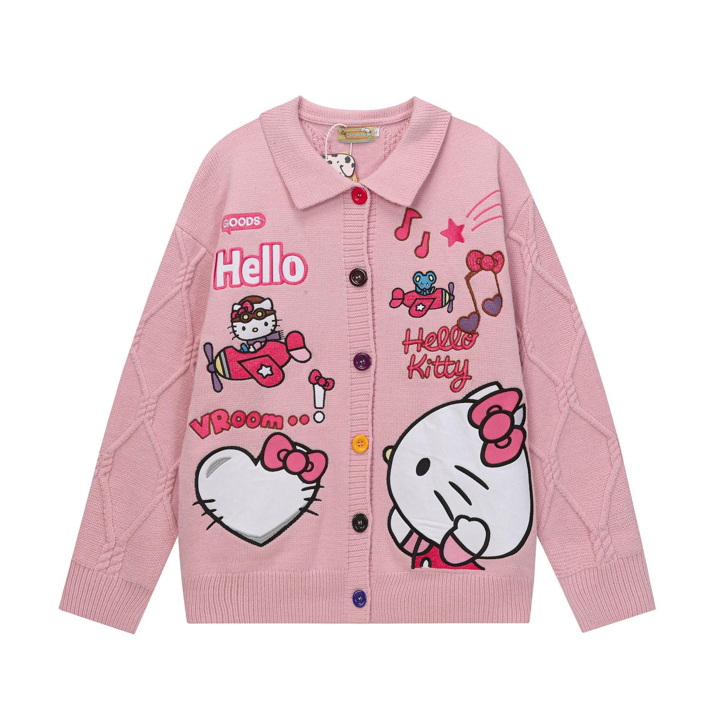 Hello Kitty Applique Embroidered Lapel Knit Sweater Unisex Loose Fit Retro Couple Knitwear Niche Streetwear | Kitty Knit