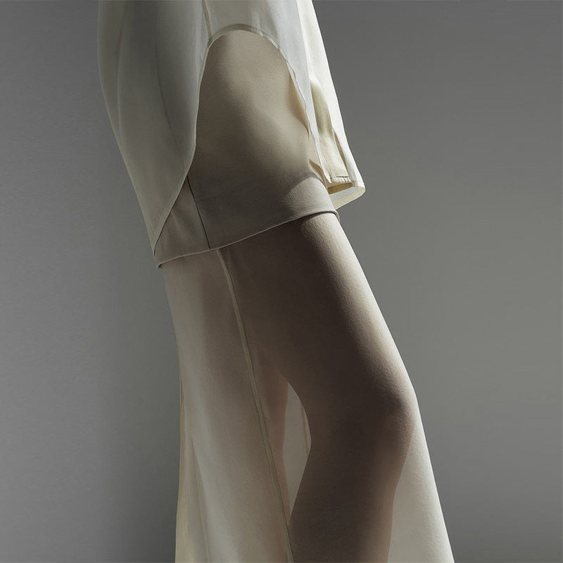 Summer new mercerized mesh lapel long-sleeved shirt high waist splicing skirt two-piece set - Seldom Seen Styles