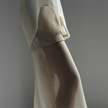 Ensemble deux pièces d'été chemise manches longues col revers en maille mercerisée et jupe fendue taille haute