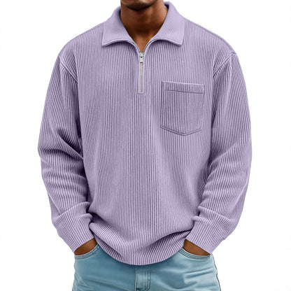 Men's Ribbed Quarter Zip Pullover Sweater Casual Long Sleeve Knit Polo Sweatshirt with Pocket