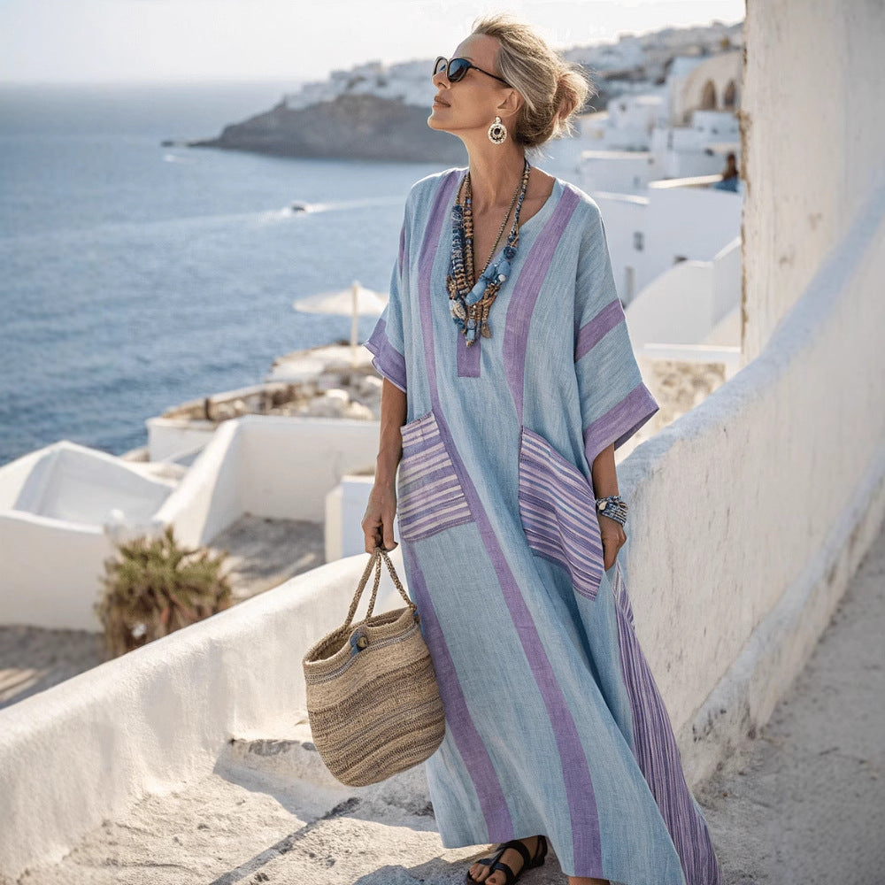 Women's Boho Linen Maxi Dress Oversized Kaftan Beach Cover Up Vacation Resort Dress - Seldom Seen Styles