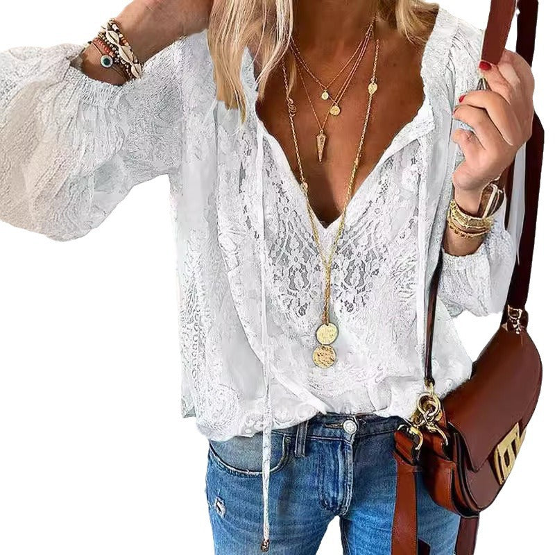 Women's Lace Blouse V Neck Long Sleeve Boho Top Floral Lace Peasant Shirt Casual Elegant Tunic