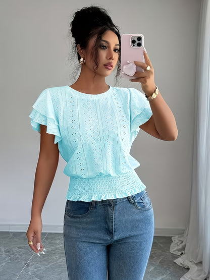 Women's Eyelet Flutter Sleeve Blouse Crew Neck Smocked Hem Casual Summer Top