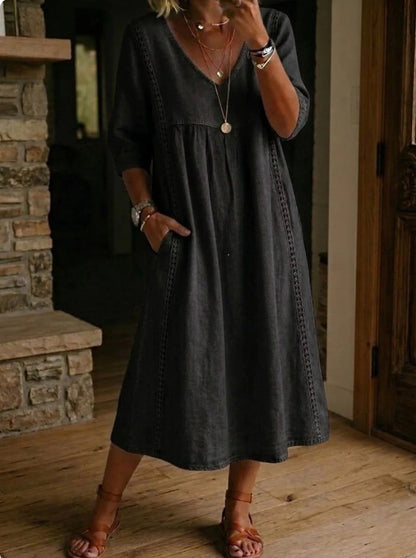 Women's V-Neck Lace Trim Linen Cotton Dress Loose Casual Summer Beach Vacation Dress