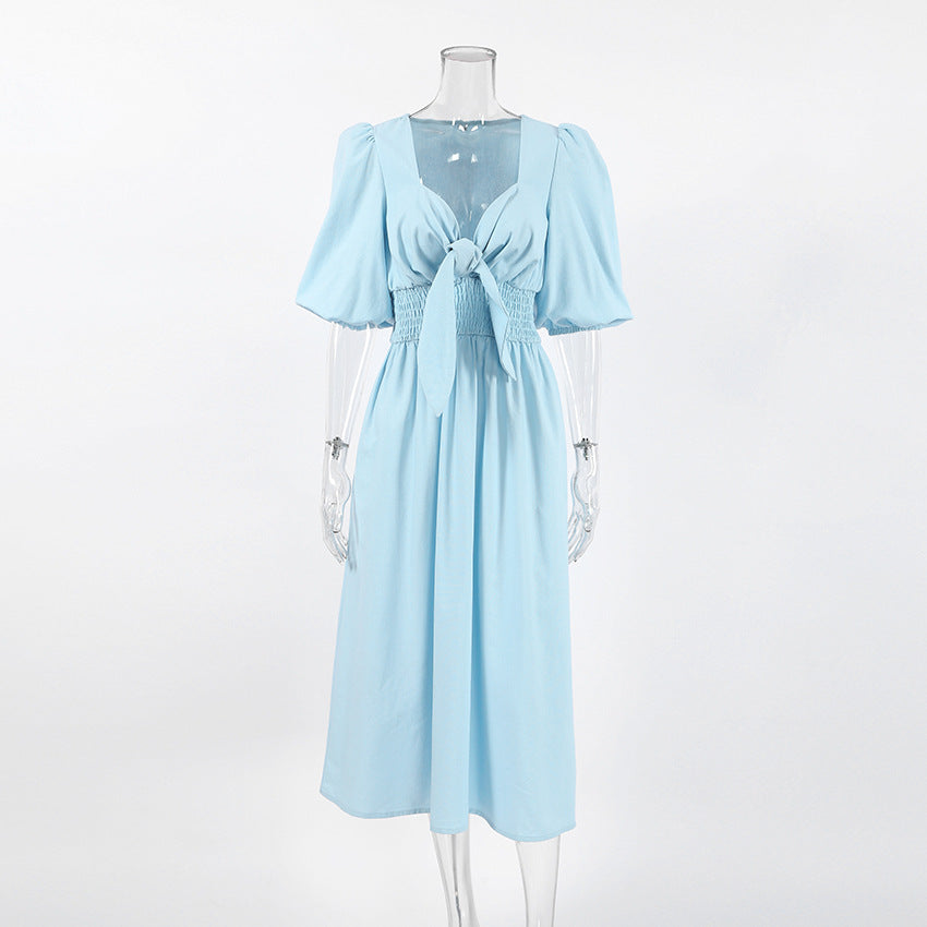 Women's Puff Sleeve Midi Dress Tie Front Cottagecore Vacation Summer Dress - Seldom Seen Styles