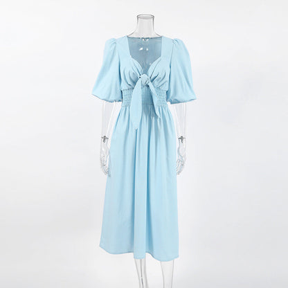 Women's Puff Sleeve Midi Dress Tie Front Cottagecore Vacation Summer Dress