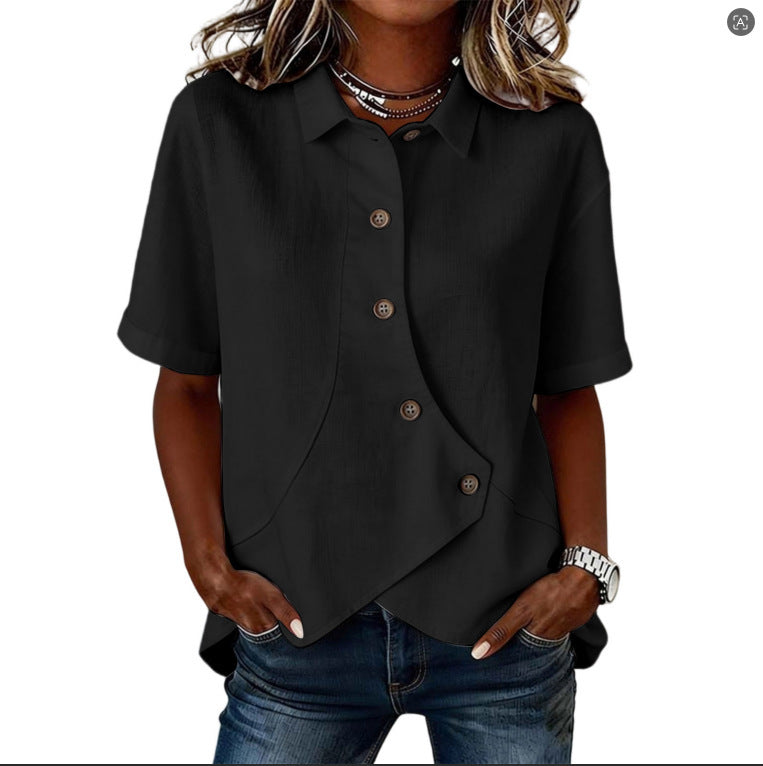 Women's Casual Solid Color Irregular Hem Button Up Short Sleeve Loose Top Summer Vacation Outfit - Seldom Seen Styles