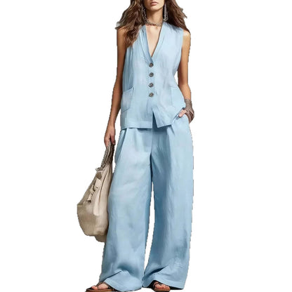 Women's Sleeveless Vest Wide Leg Pants Linen Two Piece Set Summer Casual Vacation Outfit