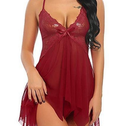 Women's Sheer Lace Babydoll Lingerie Set Deep V Neck Mesh Chemise Nightgown Sexy Sleepwear with Matching Thong