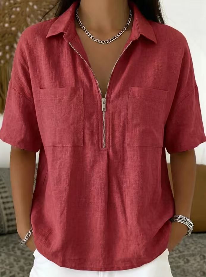 Women's Loose Lapel Short Sleeve Shirt V-Neck Zipper Casual Top Summer Vacation Outfit - Seldom Seen Styles