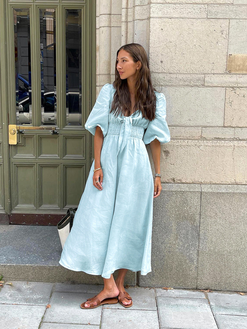 Women's Puff Sleeve Midi Dress Tie Front Cottagecore Vacation Summer Dress - Seldom Seen Styles