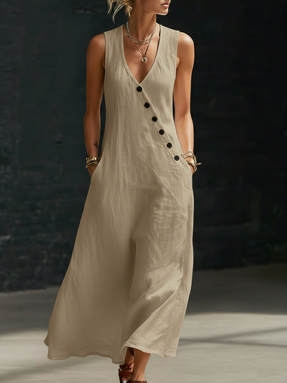Women's V-Neck Cotton Linen Sleeveless Vest Maxi Dress Casual Summer Beach Vacation Boho Outfit