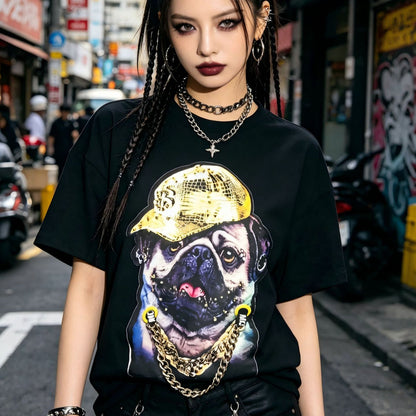 Graphic Print Short Sleeve T-Shirt Gold Chain Bulldog Oversized Loose Fit Heavy Industry Streetwear Couple Summer Casual Tee | Chain Pup Tee