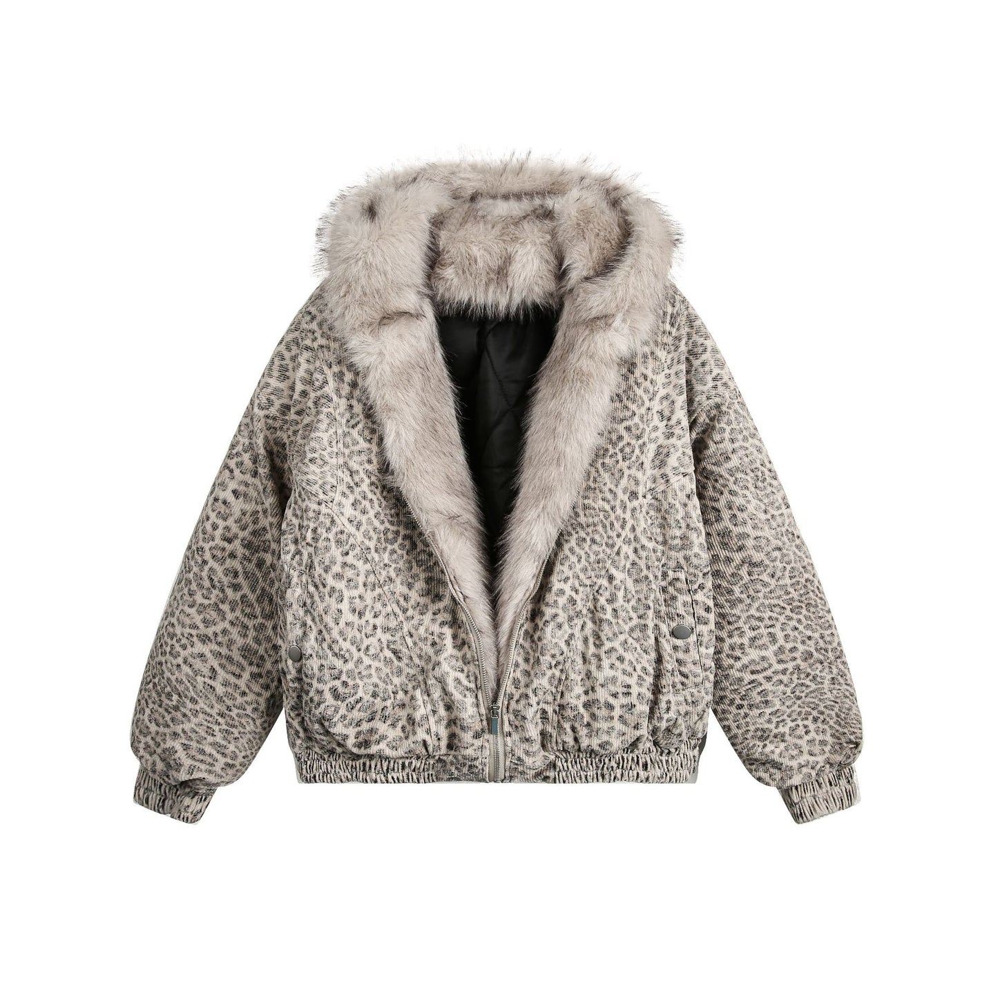 Retro Leopard Fur Collar Padded Bomber Jacket