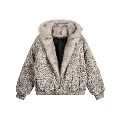 Retro Leopard Fur Collar Padded Bomber Jacket