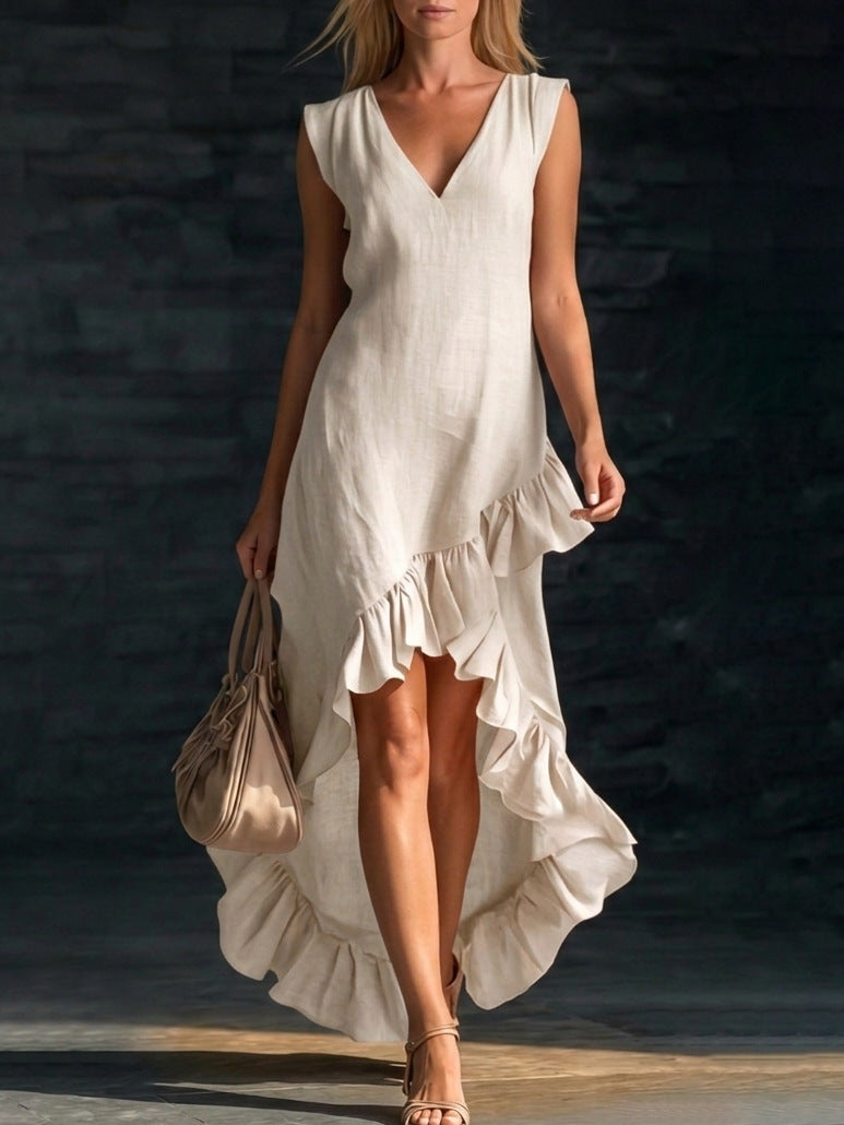 Women's V Neck Ruffle Hem Sleeveless Maxi Dress Cotton Linen Loose Fit Casual Summer Beach Dress - Seldom Seen Styles
