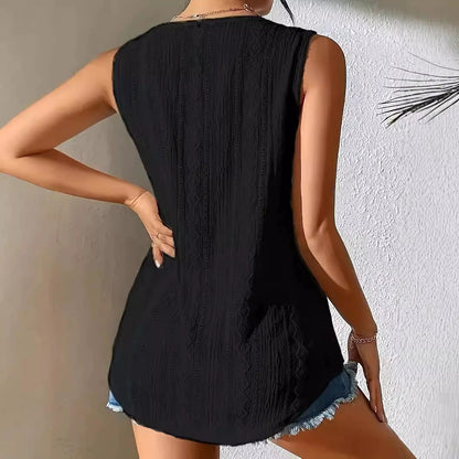 Women's Sleeveless V Neck Lace Tank Top Button Front Boho Blouse Loose Fit Summer Tunic Top