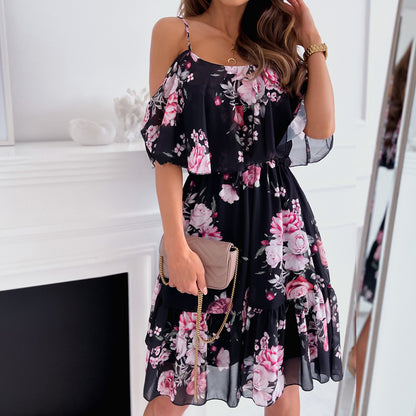Women's Floral Off Shoulder Dress Chiffon Summer Boho Mini Dress
