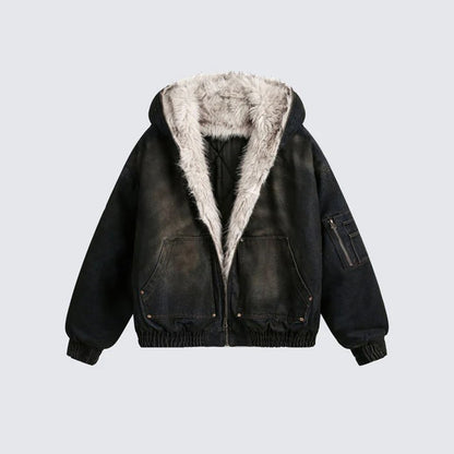 Washed Denim Fur Hooded Jacket
