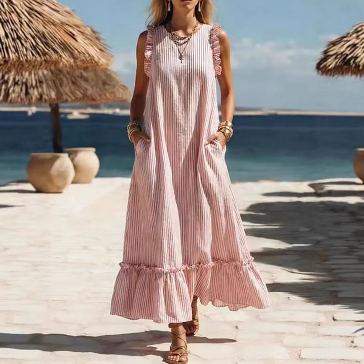 Women's Striped Sleeveless Ruffle Hem Loose Dress Casual Summer Beach Vacation Midi Dress - Seldom Seen Styles