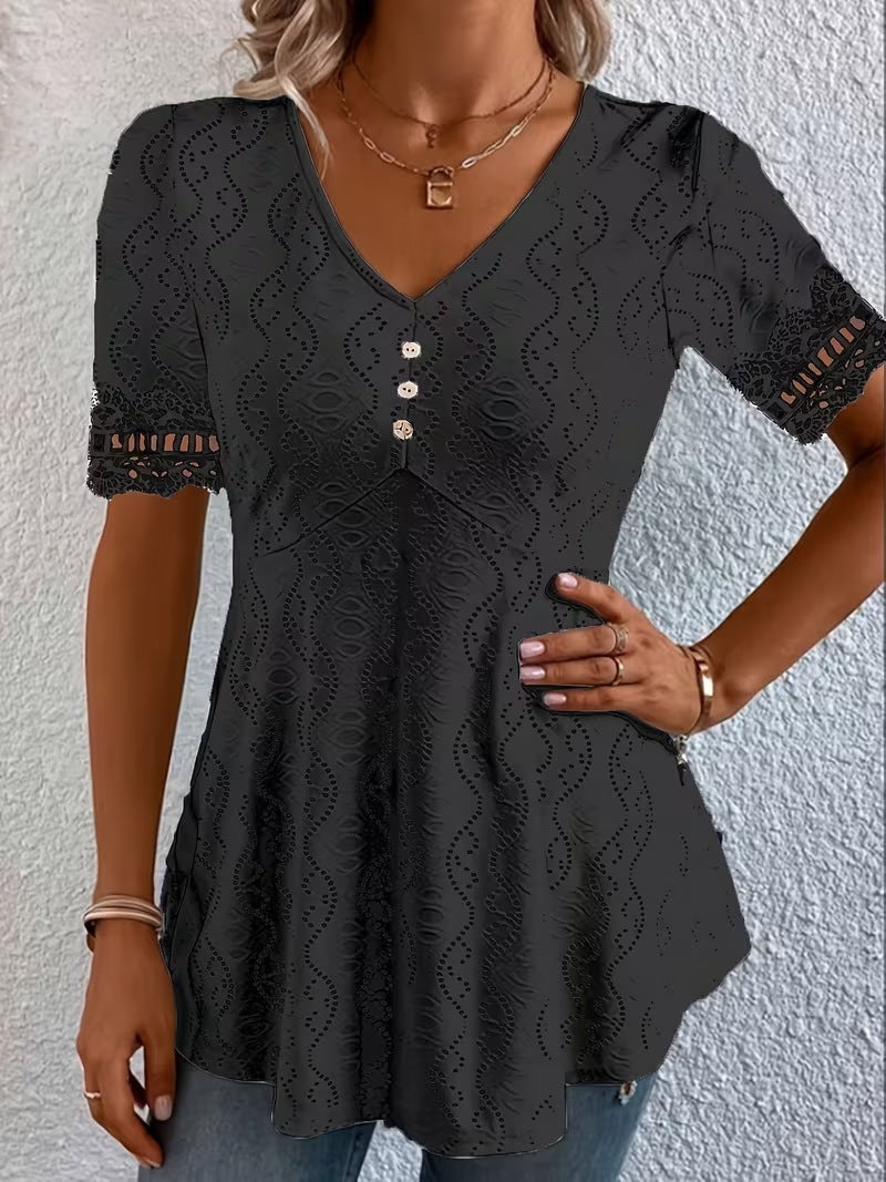 Women's V Neck Eyelet Lace Blouse Short Sleeve Tunic Top Casual Summer Shirt Boho Crochet Trim Top - Seldom Seen Styles