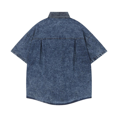 Crayon Sticker Embroidered Denim Shirt Loose Short Sleeve Casual Color Matching Couple Japanese Cute Streetwear Summer Top | Crayon Denim
