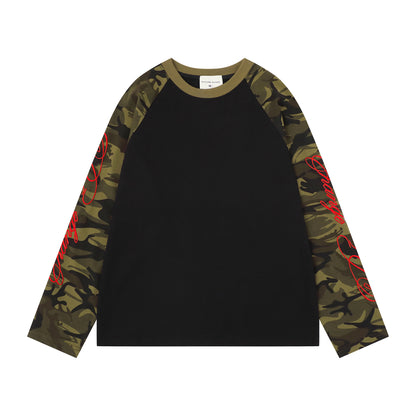 Women's American Retro Camouflage Splice Embroidery Raglan Long Sleeve T-Shirt Loose Casual Unisex Spring Summer Top | Camo Splice Tee