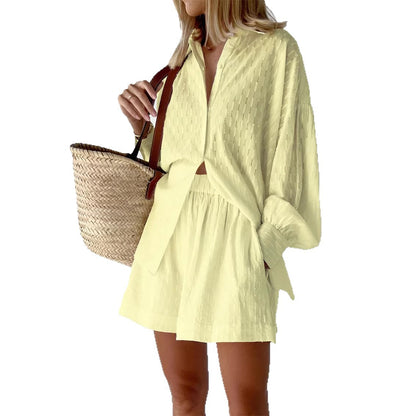 Women's Jacquard Bubble Sleeve Shirt Shorts Two-Piece Set Casual Commuter Chic Summer Outfit