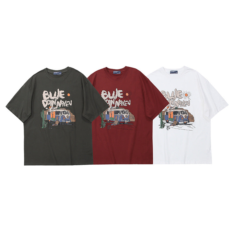 Crew Neck Short Sleeve Desert Road Trip Graphic Print T-Shirt Loose Oversized Retro Illustration Casual Summer Top | Desert Van