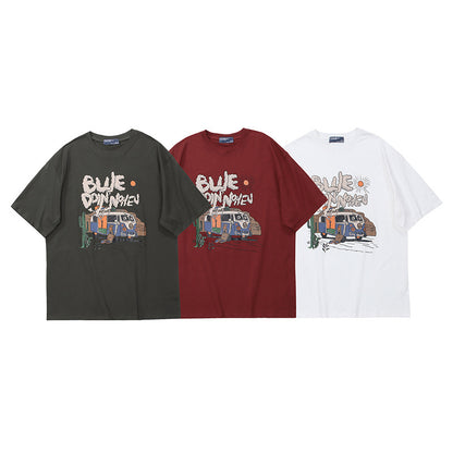 Crew Neck Short Sleeve Desert Road Trip Graphic Print T-Shirt Loose Oversized Retro Illustration Casual Summer Top | Desert Van