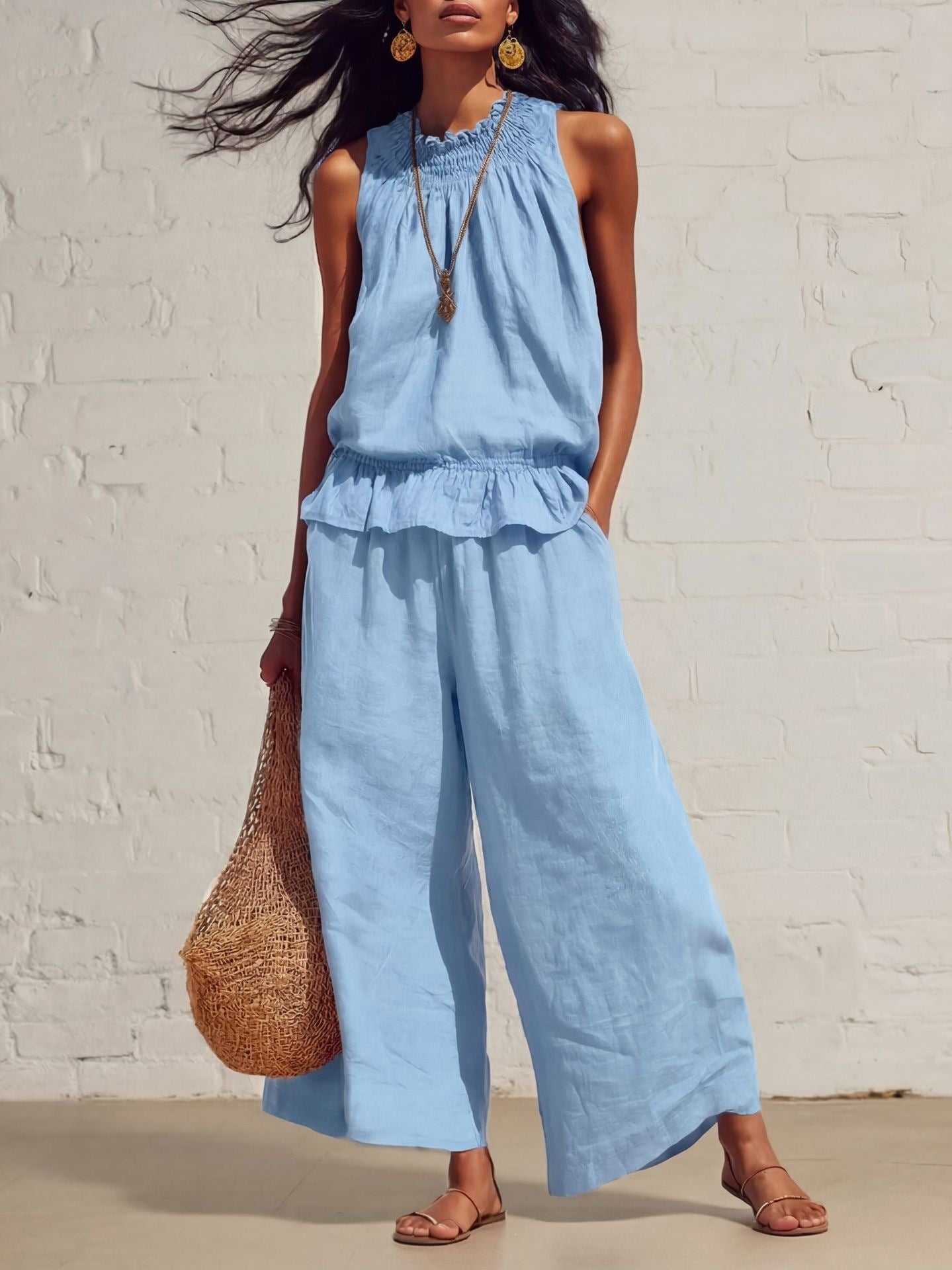 Women's Sleeveless Ruffle Wide Leg Pants Two Piece Set Cotton Linen Casual Summer Beach Outfit - Seldom Seen Styles
