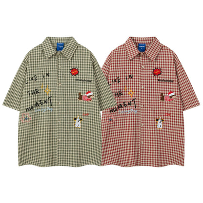 Moment Plaid Embroidery Short Sleeve Shirt Oversized Casual Summer Streetwear Top | Moment Plaid Shirt