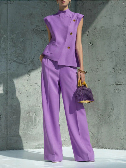 Women's Sleeveless Two Piece Pants Set Stand Collar Button Front Top and Wide Leg Trousers Elegant Casual Business Vacation Outfit