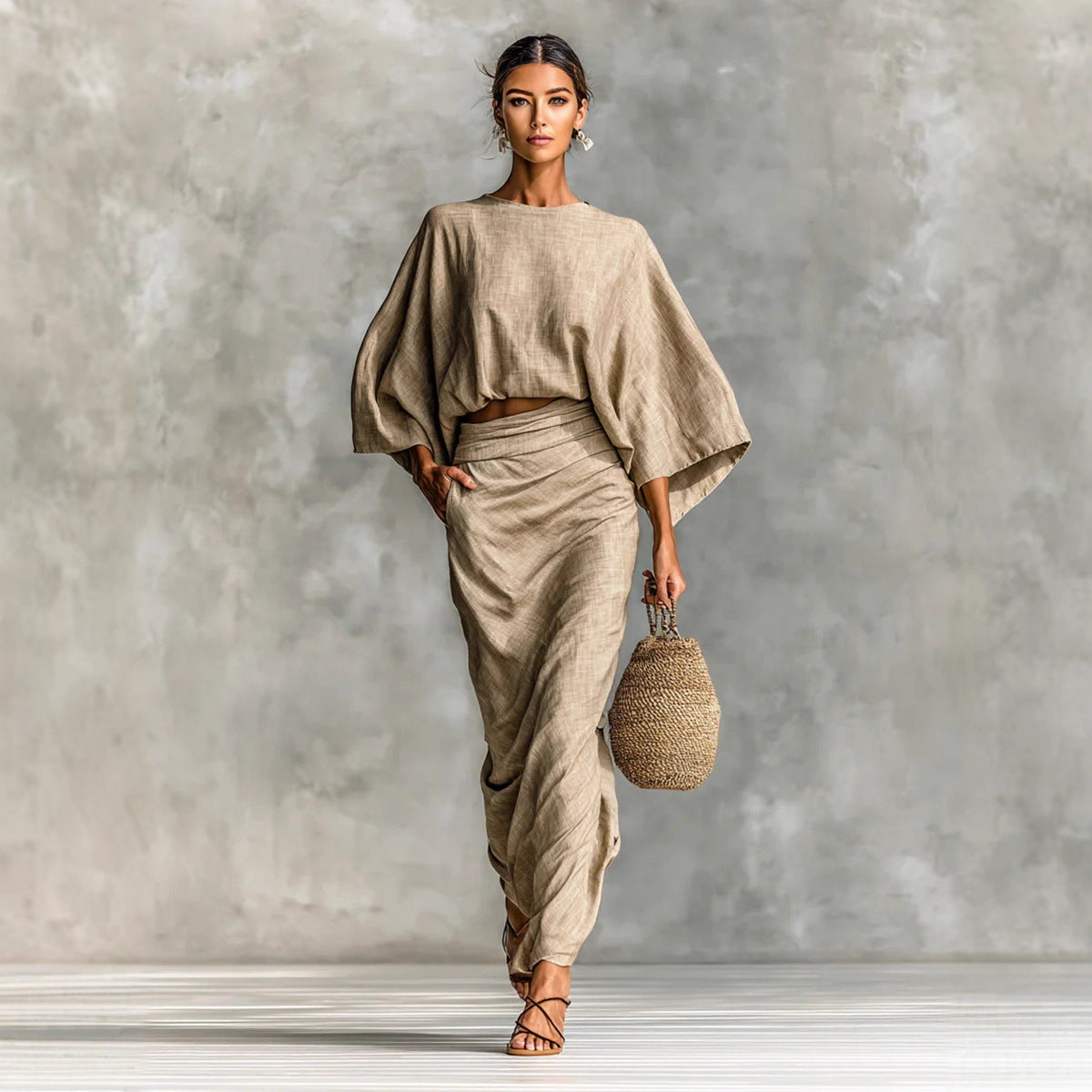 Women's Linen Blend Batwing Sleeve Top and Maxi Skirt Set Elegant Two Piece Matching Outfit
