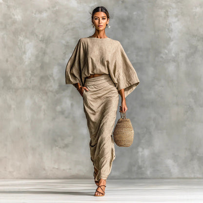 Women's Linen Blend Batwing Sleeve Top and Maxi Skirt Set Elegant Two Piece Matching Outfit