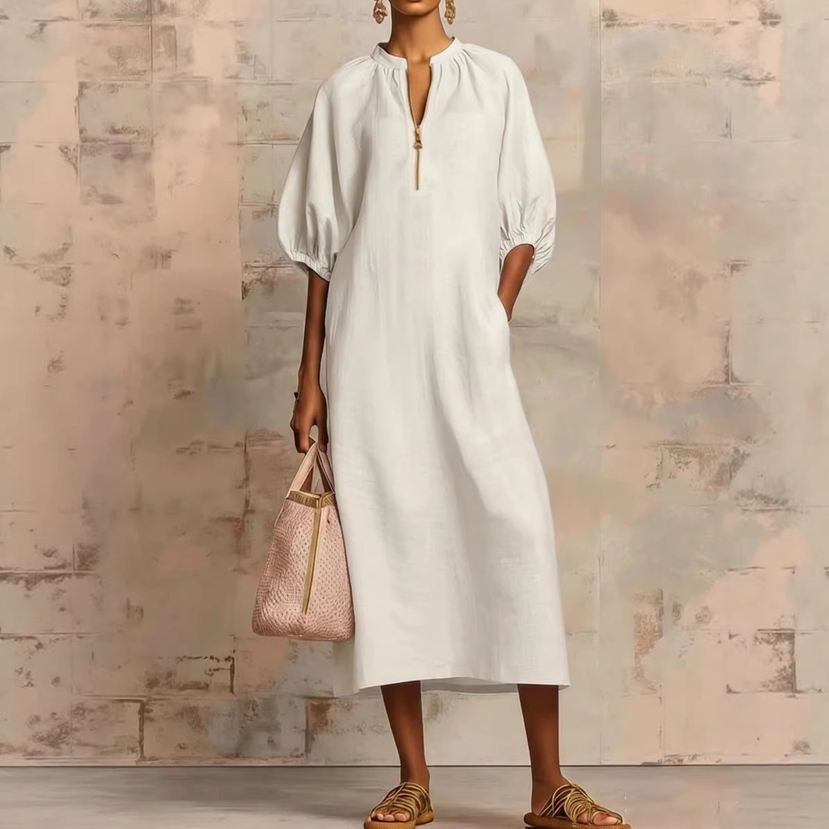Women's Cotton Linen Midi Dress Puff Sleeve Loose Fit Casual Summer Dress V Neck Boho Maxi Dress with Pockets - Seldom Seen Styles