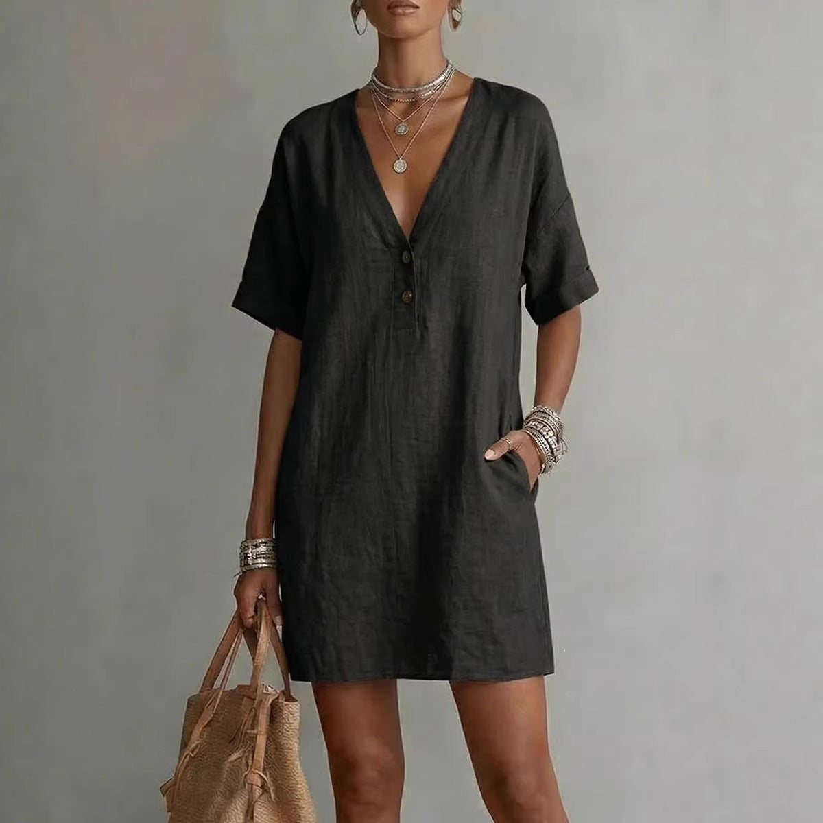 Women's V Neck Casual Summer Dress Loose Fit Fashion Vacation Dress - Seldom Seen Styles